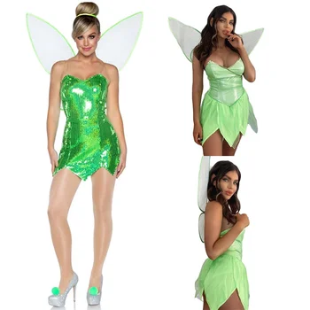 De sex feminin de Halloween Cospay Costome Trendy Verde Sequin Rochie Mini Aripi de Zână Rochie Kawaii Fete Dress PU Înger Rochie pentru Femei