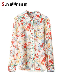 SuyaDream Floral Shirt pentru Femei 100%Matase Crep De Chine, cu Mâneci Lungi Imprimate Bluze Piept de Buzunar 2022 Izvor Nou de Sus