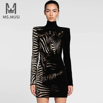 MSMUSI 2022 Noua Moda Femei Sexy Negru Zebra Stripe O Gatului Maneca Lunga Bodycon Imprimare Petrecere de Club Rochie Midi Eveniment Vestidos