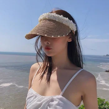 Perla Pălării De Soare Gol Top Femei Pălării De Paie Casual De Vară Pe Plajă Parasolar Capace Largă De Mare Cozoroc Parasolar Sport În Aer Liber Gorras
